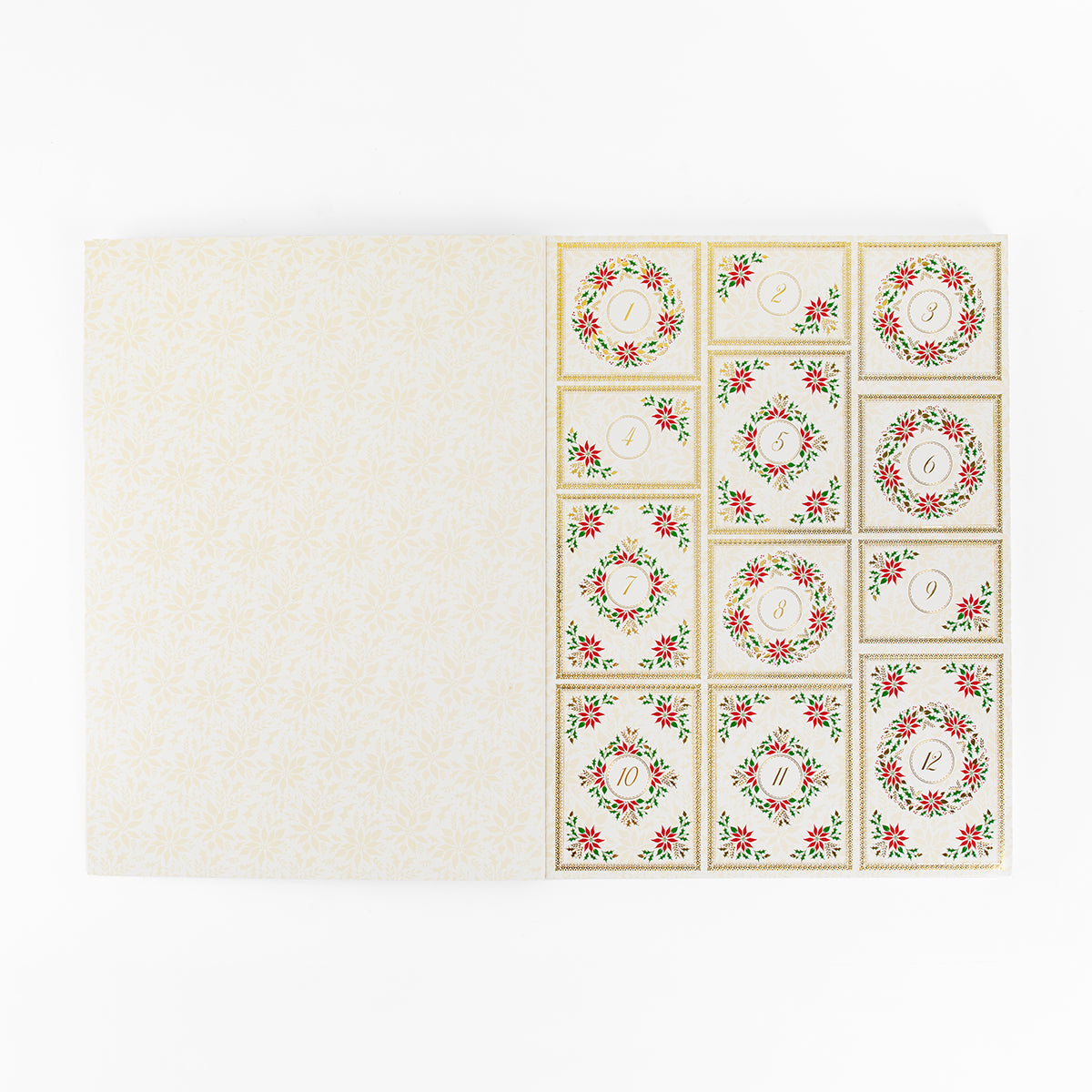 The Christmas Grace Advent Calendar features twelve numbered compartments with festive wreath designs—an ideal holiday project for paper crafting enthusiasts.