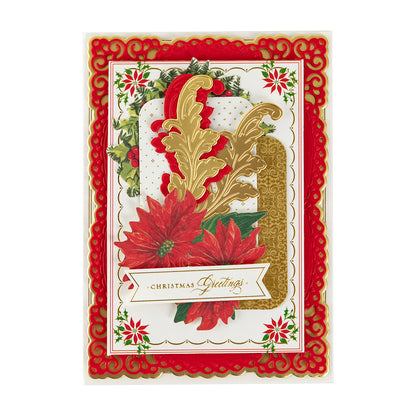The Christmas Grace Advent Calendar features red poinsettias, gold leaves, and a “Christmas Greetings” banner framed by a red and gold ornate border.