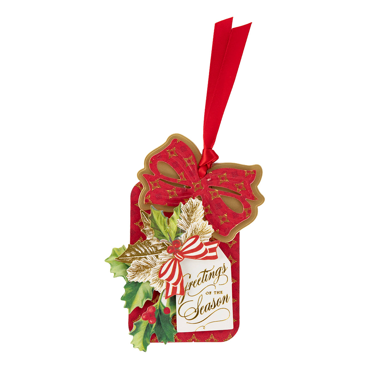 The Christmas Grace Advent Calendar features festive details like a red ribbon, gold bow, holly leaves, and “Greetings of the Season” in gold script.
