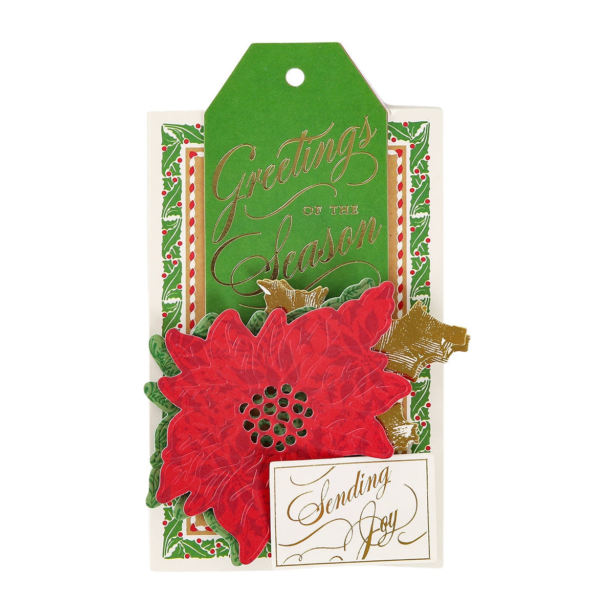 The Christmas Grace Advent Calendar features a red poinsettia, gold accents, and a green “Greetings of the Season” tag—plus a mini “Sending Joy” card for paper crafting.