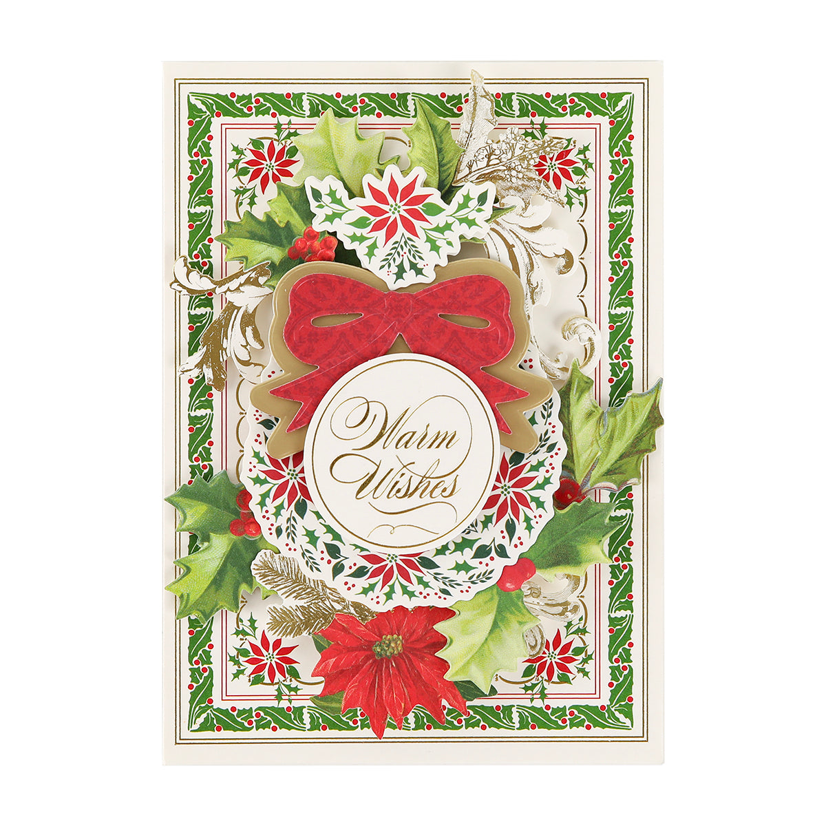 A festive card for your holiday project, featuring the Christmas Grace Advent Calendar with gold “Warm Wishes,” poinsettias, holly, a red bow, and a green-red border.