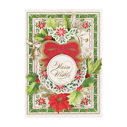 A festive card for your holiday project, featuring the Christmas Grace Advent Calendar with gold “Warm Wishes,” poinsettias, holly, a red bow, and a green-red border.