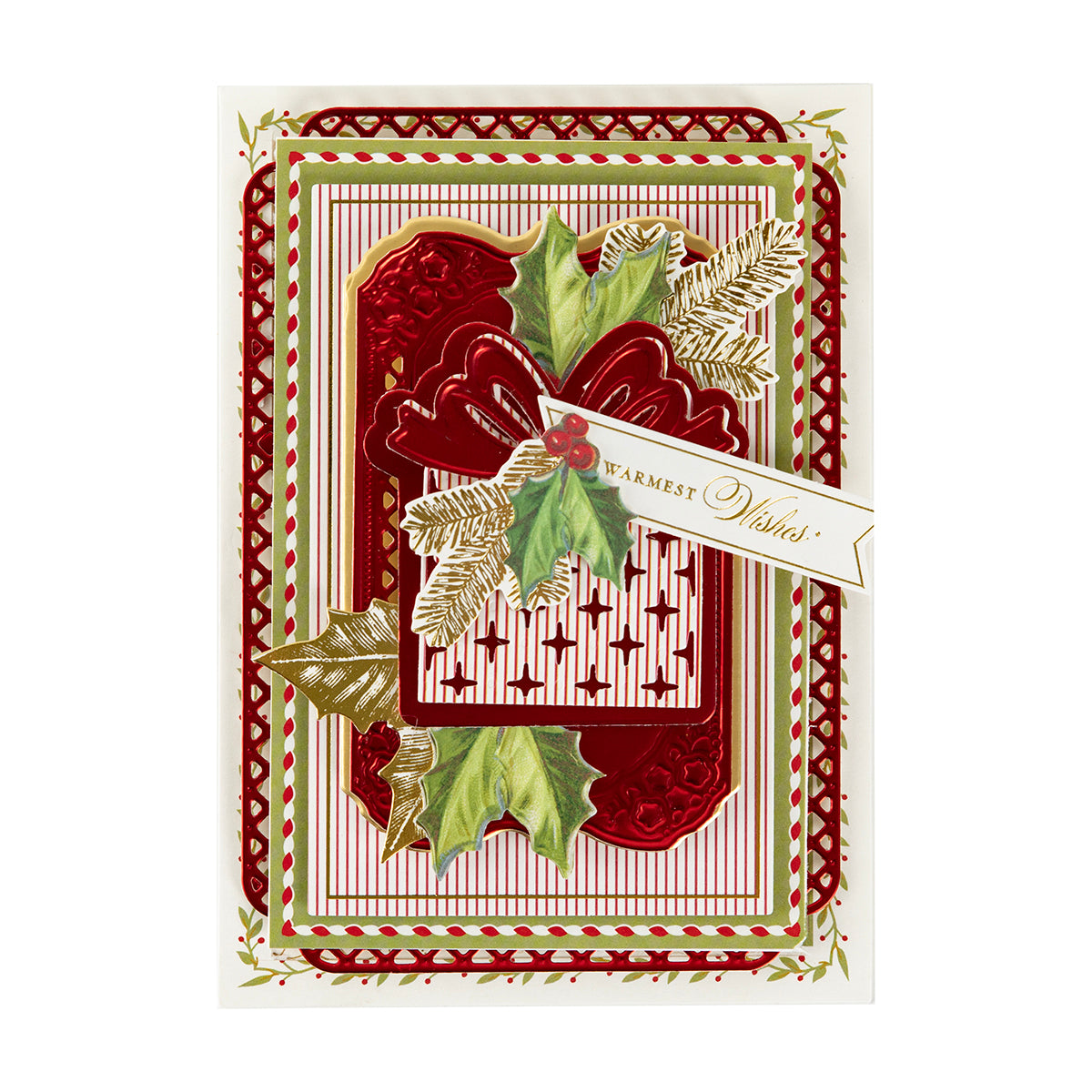 The Christmas Grace Advent Calendar features a red gift box, holly leaves, pine branches, and a gold “Warmest Wishes” banner for festive holiday crafting.