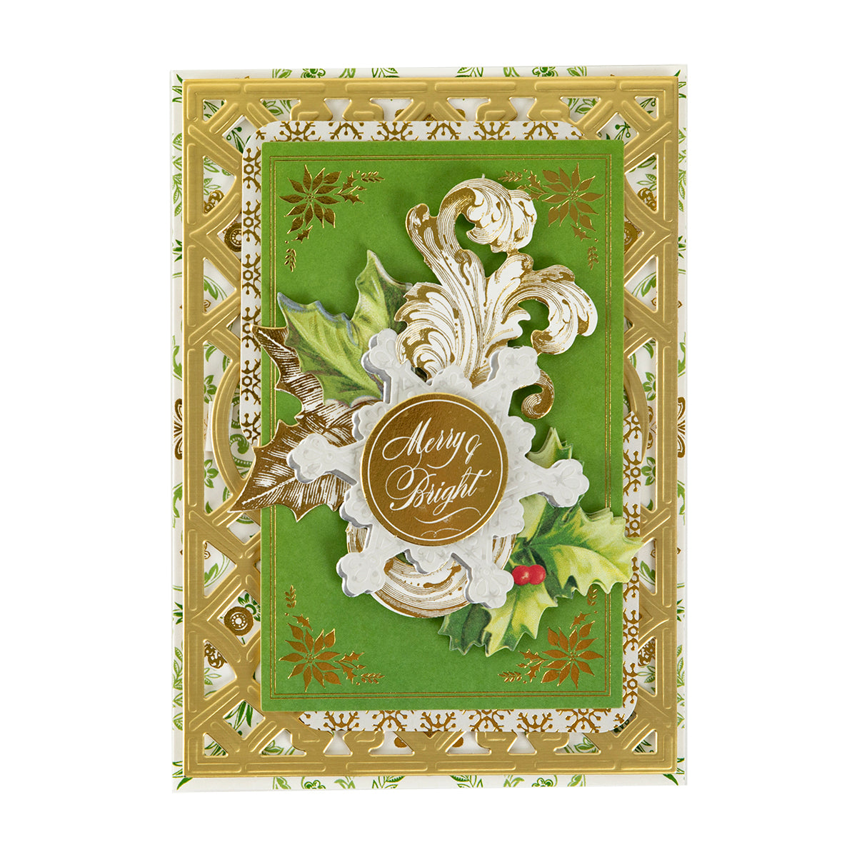 The Christmas Grace Advent Calendar features gold and green layers, holly leaves, and a “Merry & Bright” white script for festive holiday crafting.