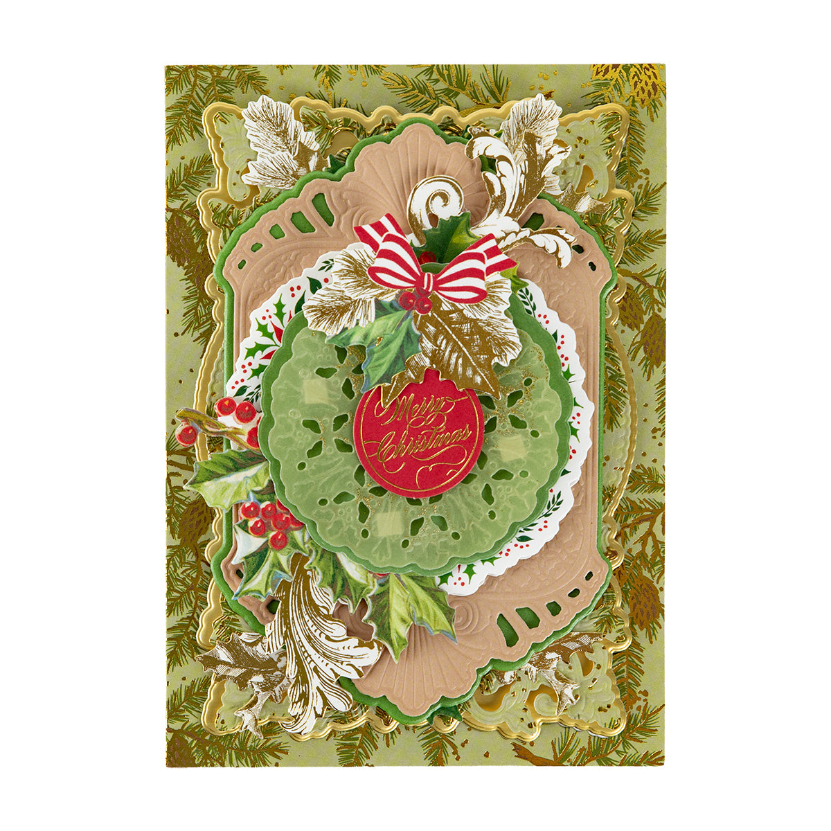 Christmas Grace Advent Calendar features layered paper cutouts, holly, gold leaves, and a red “Merry Christmas” ornament on a green and gold background.