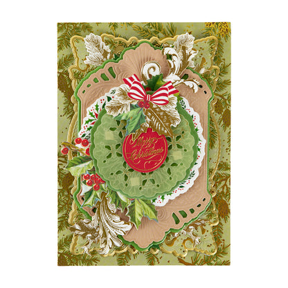 Christmas Grace Advent Calendar features layered paper cutouts, holly, gold leaves, and a red “Merry Christmas” ornament on a green and gold background.