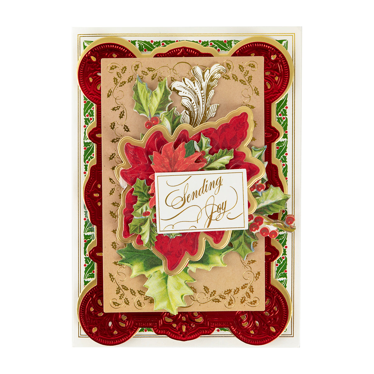 The Christmas Grace Advent Calendar features layered red, gold, and green designs with holly leaves and “Sending Joy” in gold script—perfect for holiday crafting.