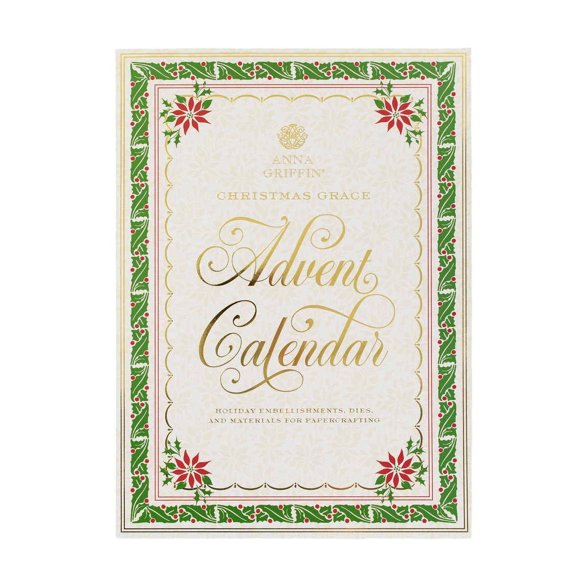 Christmas Grace Advent Calendar box in gold, white, and green with red poinsettias—ideal for festive holiday paper crafting projects.