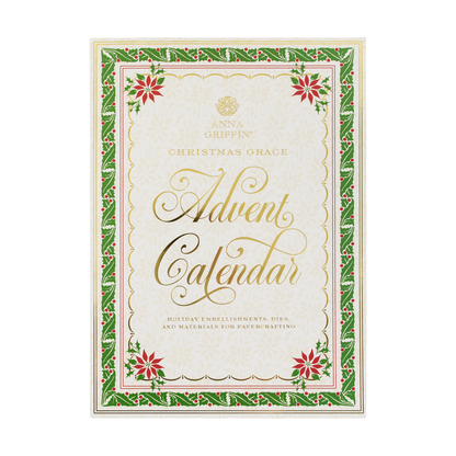Christmas Grace Advent Calendar box in gold, white, and green with red poinsettias—ideal for festive holiday paper crafting projects.