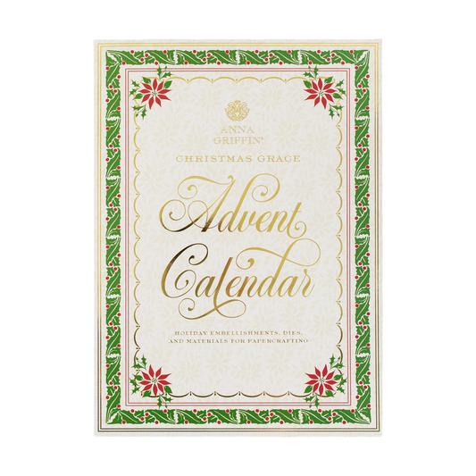 Christmas Grace Advent Calendar box in gold, white, and green with red poinsettias—ideal for festive holiday paper crafting projects.