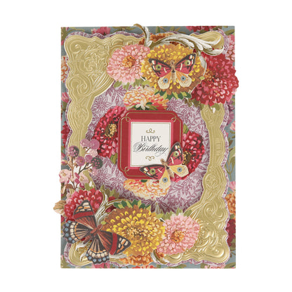 Ornate floral birthday card crafted with Sienna Folded Cards and Layers, featuring gold-embossed borders, vibrant flowers, and butterflies encircling a “Happy Birthday” message at the center. Perfect for cardmaking enthusiasts, these 5″ x 7″ cards and layers bring an elegant touch to any celebration.