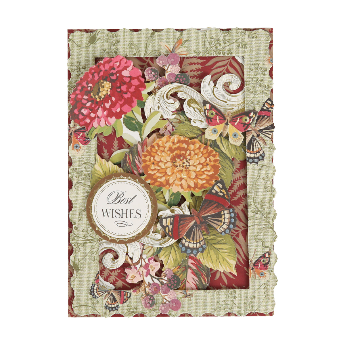Featuring scalloped edges, vibrant flowers, butterflies, and leaves, Sienna Folded Cards and Layers include a round “Best Wishes” label in the lower left corner. These classic 5″ x 7″ cards are perfect for cardmaking enthusiasts.