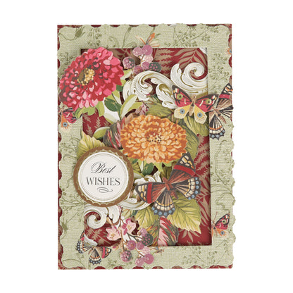Featuring scalloped edges, vibrant flowers, butterflies, and leaves, Sienna Folded Cards and Layers include a round “Best Wishes” label in the lower left corner. These classic 5″ x 7″ cards are perfect for cardmaking enthusiasts.