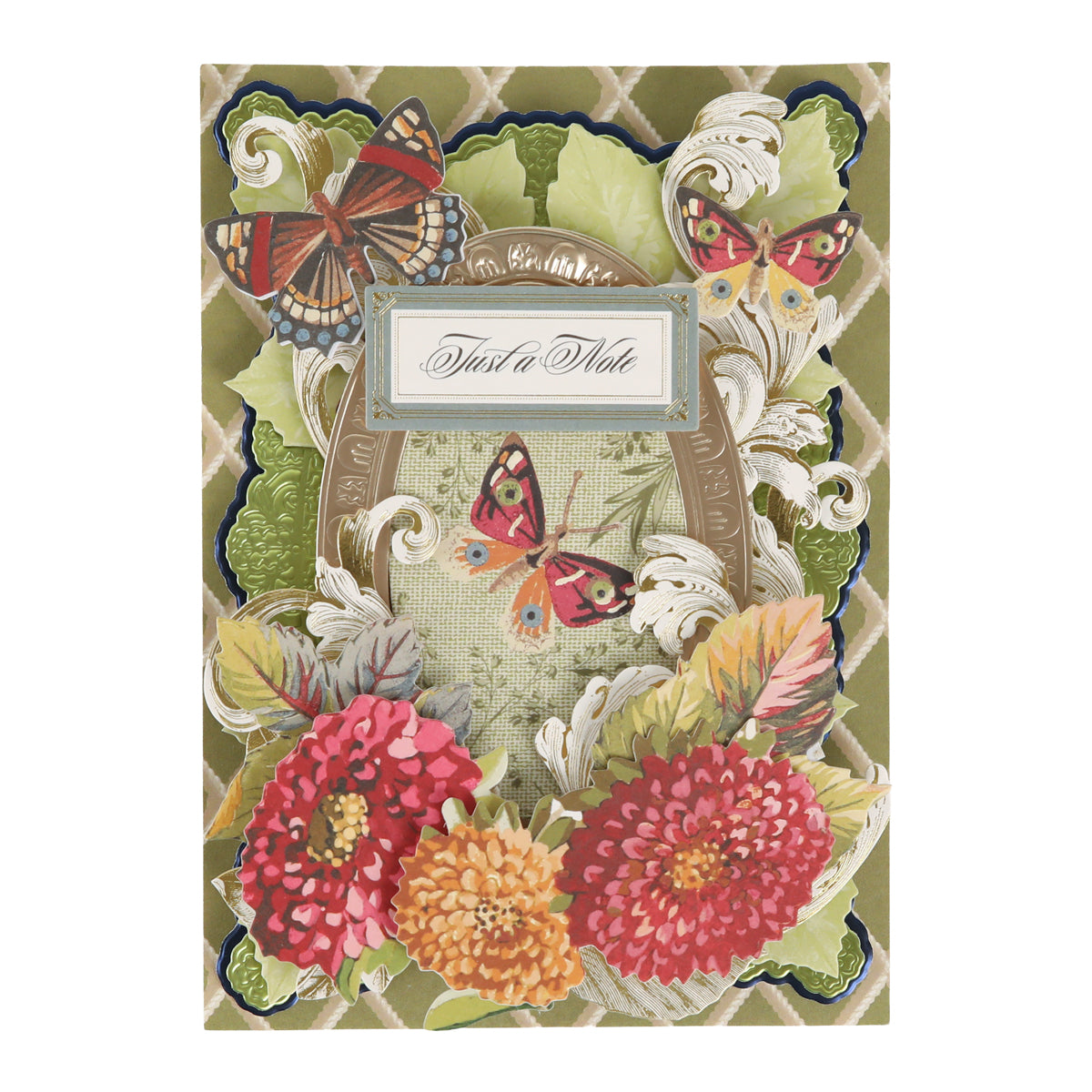 Featuring vibrant red and pink flowers, green leaves, and butterflies, the Sienna Folded Cards and Layers set includes 5″ x 7″ folded cards adorned with an ornate label that reads “Just a Note.” These charming cards are perfect for cardmaking projects and make it easy to send heartfelt messages.