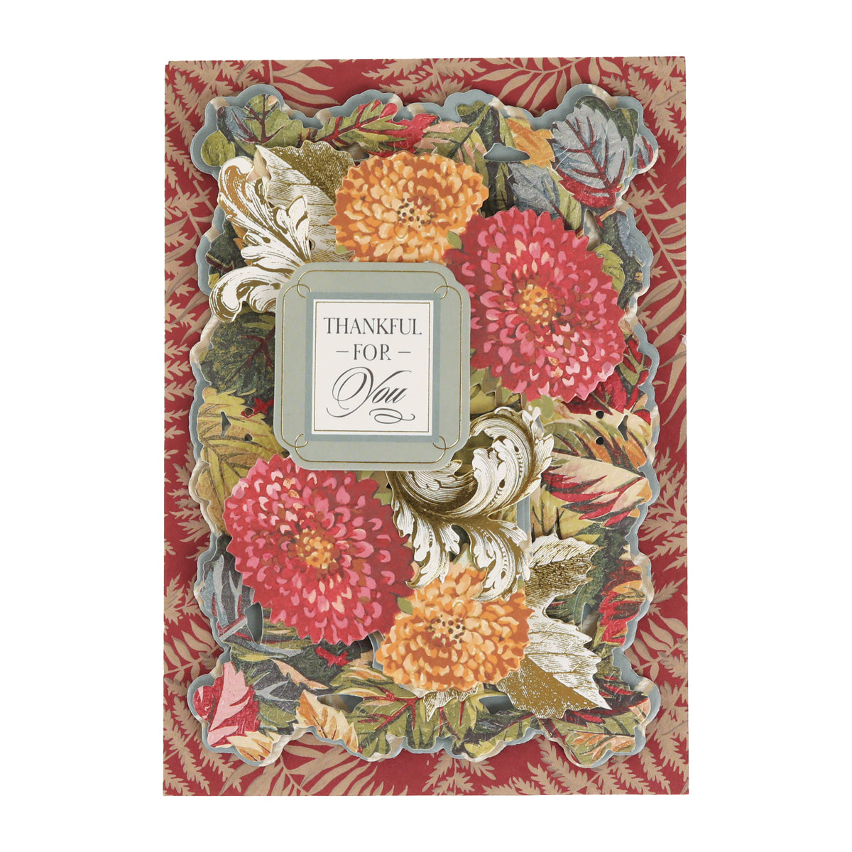 Send warm messages or craft beautiful cards with the Sienna Folded Cards and Layers, featuring a greeting card adorned with red, orange, and yellow flowers, green leaves, and a silver frame around the “THANKFUL FOR YOU” sentiment set against a red patterned background—perfect for elegant 5″ x 7″ creations.