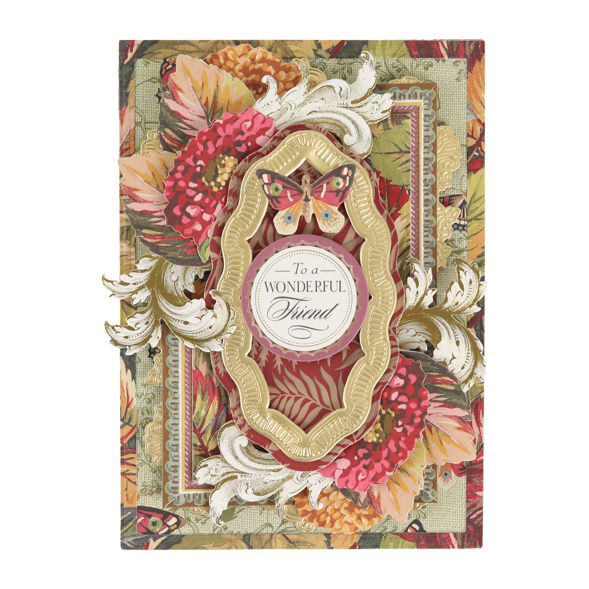 Sure! Here’s a rewritten version using your product data: This beautiful 5″ x 7″ card from our Sienna Folded Cards and Layers collection features an ornate gold frame, delicate butterflies, and a floral design. At the center, the elegant script message “To a Wonderful Friend” makes it perfect for cardmaking.