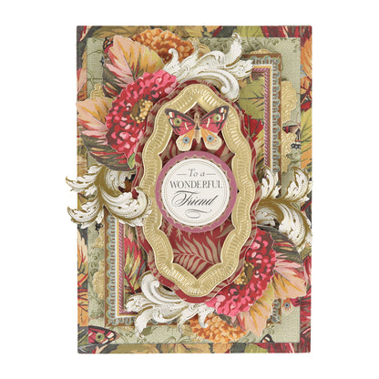 Sure! Here’s a rewritten version using your product data: This beautiful 5″ x 7″ card from our Sienna Folded Cards and Layers collection features an ornate gold frame, delicate butterflies, and a floral design. At the center, the elegant script message “To a Wonderful Friend” makes it perfect for cardmaking.