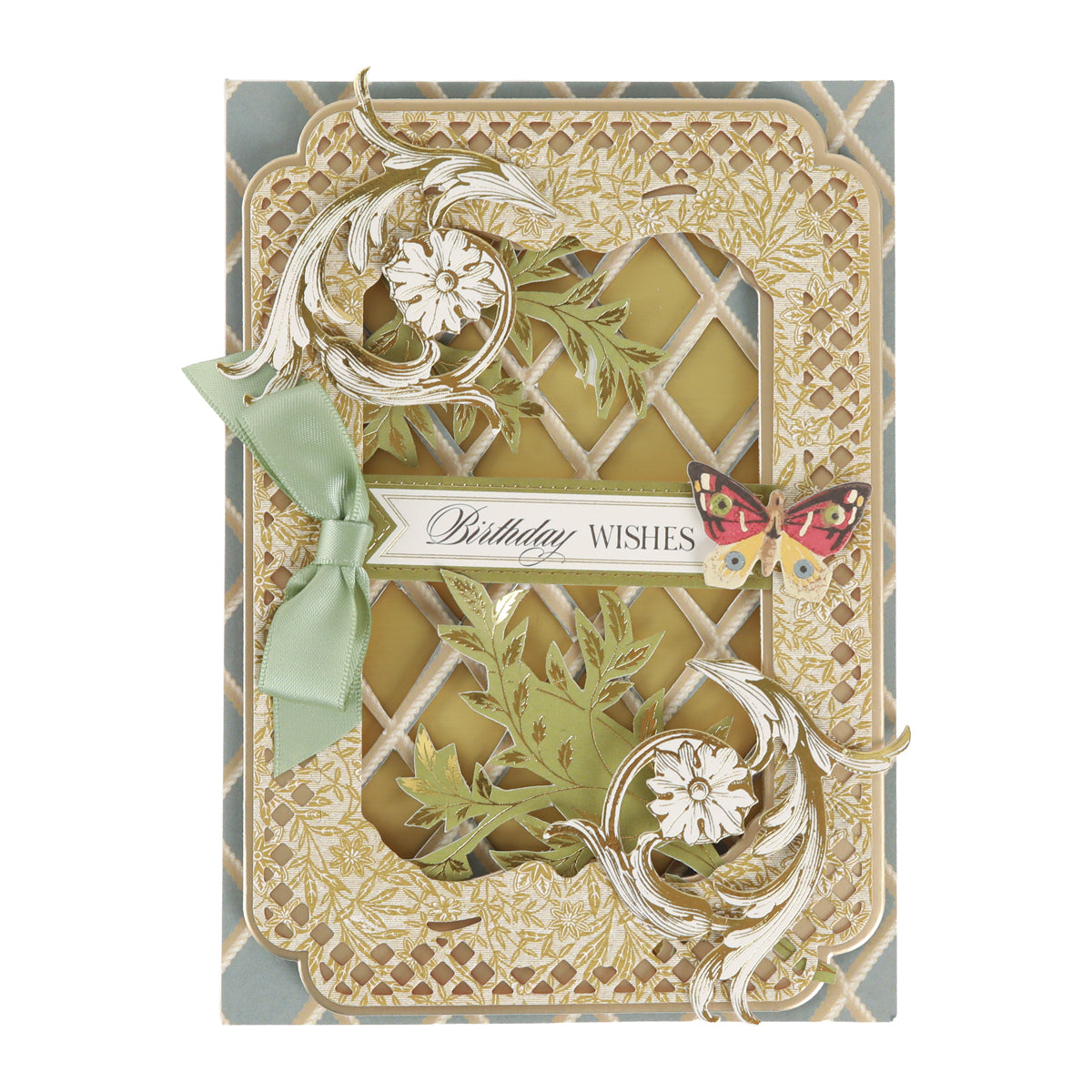 Featuring intricate gold floral patterns, a green ribbon accent, a delicate butterfly motif, and the phrase “Birthday Wishes” at the center, Sienna Folded Cards and Layers (measuring 5″ x 7″) are perfect for cardmaking enthusiasts seeking an elegant way to express heartfelt greetings.