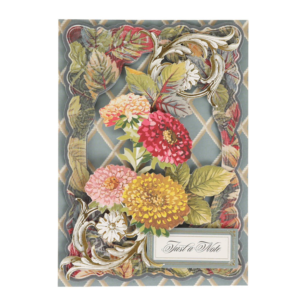 A delightful choice for cardmaking projects, Sienna Folded Cards and Layers feature colorful floral designs, ornate gold details, and a “Just a Note” label in elegant cursive on a patterned background—perfect for crafting personalized 5″ x 7″ cards.