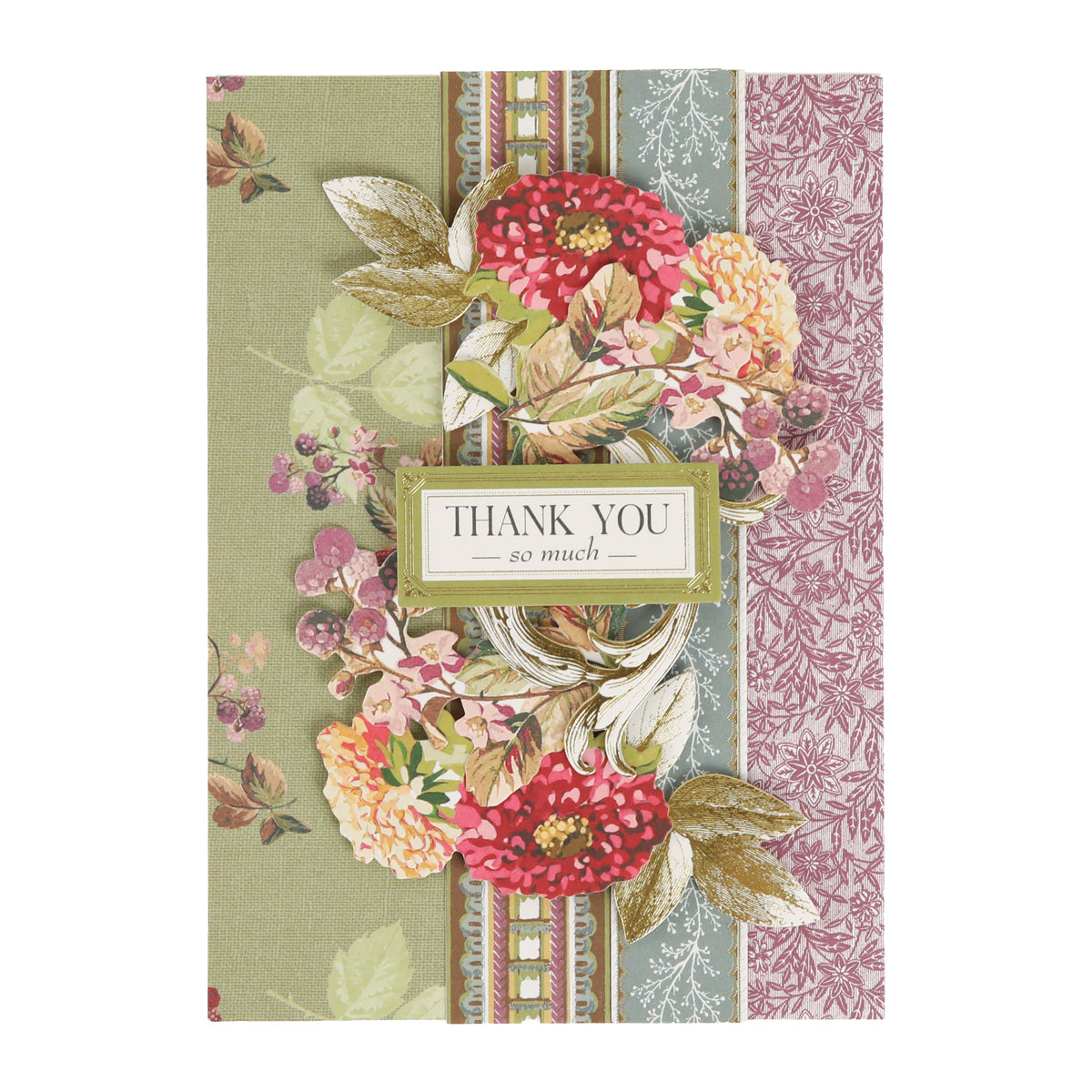The Sienna Folded Cards and Layers set is ideal for cardmaking projects, featuring a 5″ x 7″ floral thank you card adorned with red and yellow flowers, gold leaves, and patterned backgrounds. The center text reads, “Thank you so much.”.