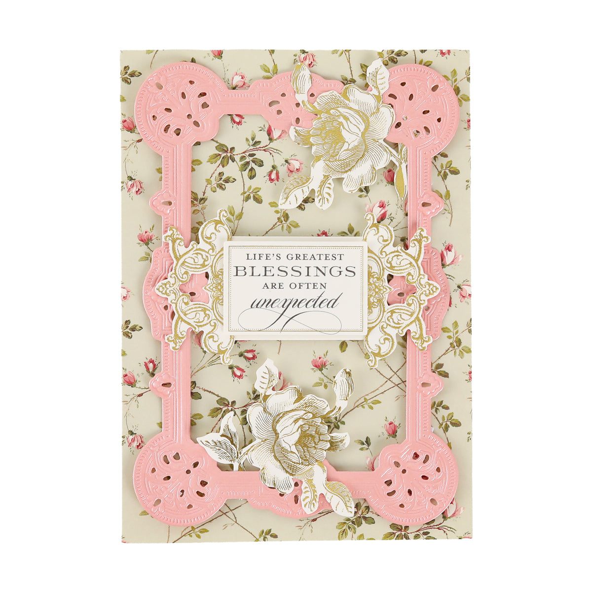 A floral greeting card with a pink frame features gold and white flowers and the message “Life’s greatest blessings are often unexpected” in the center. Embellished with Gold Foil Flourish Stickers for a delicate shimmer, this card is perfect for scrapbook decoration or as a cherished keepsake.
