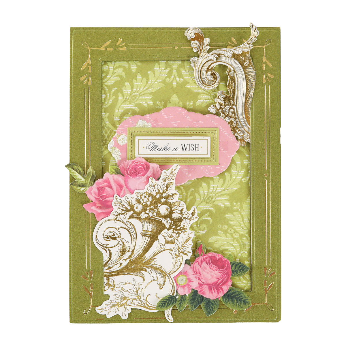 A decorative green greeting card with ornate gold details, pink flowers, and a “Make a Wish” label in the center is perfect for creative projects and can be further enhanced with Gold Foil Flourish Stickers or other scrapbook embellishments to add extra charm and elegance.