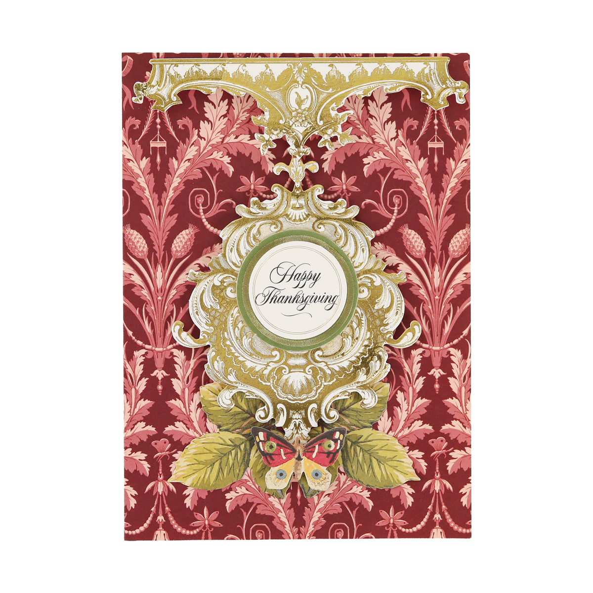An elegant “Happy Thanksgiving” card featuring decorative gold scrollwork, a butterfly, green leaves, and a red patterned background, tastefully enhanced with Gold Foil Flourish Stickers and other metallic sticker accents for an added touch of sophistication.