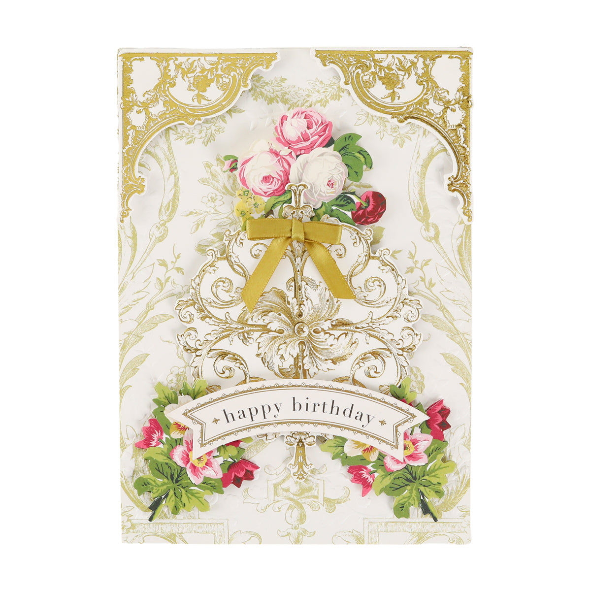 A decorative birthday card featuring gold accents, floral designs, a gold ribbon, and “happy birthday” on the front pairs beautifully with Gold Foil Flourish Stickers for an added touch of elegance.