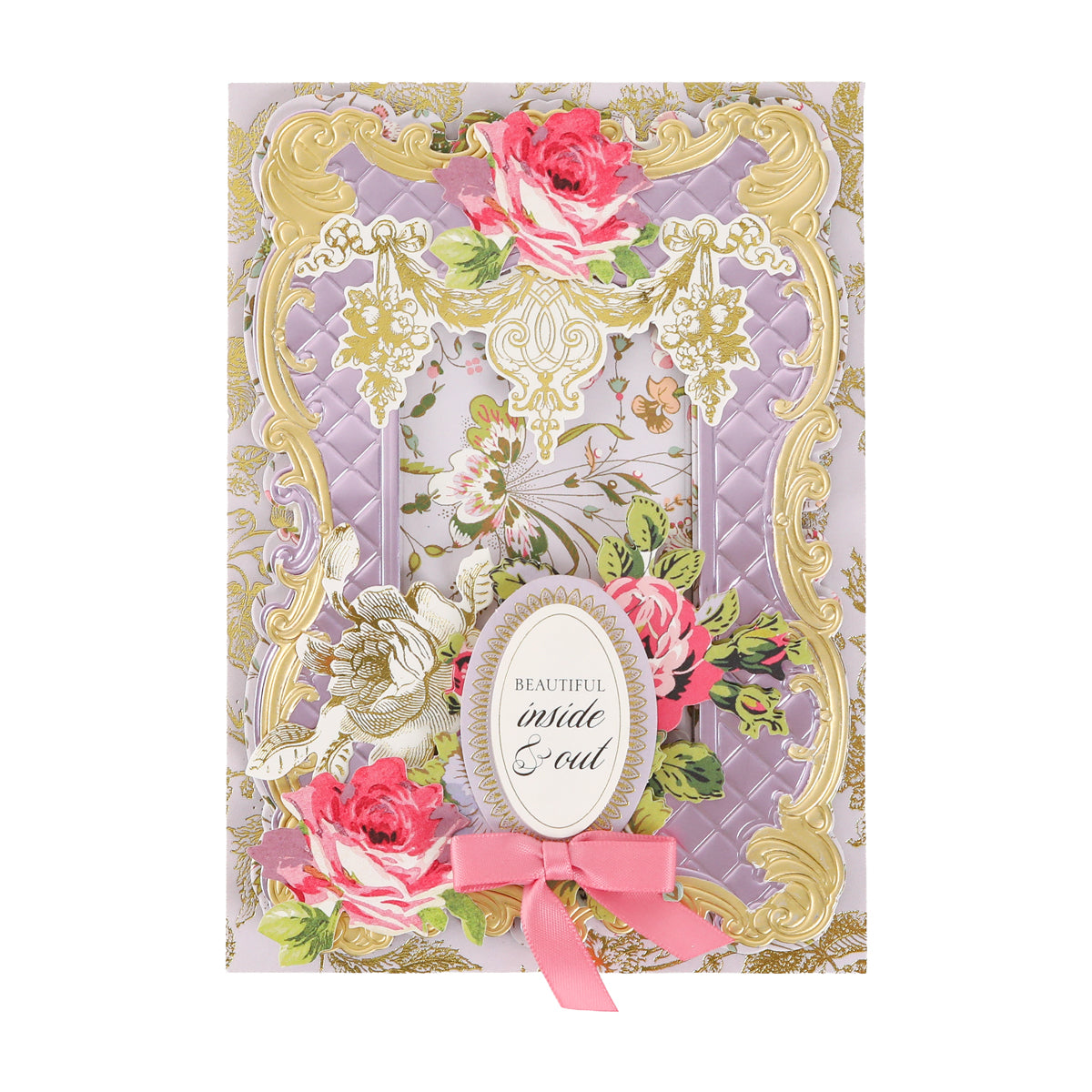 Adorned with gold foil flourish stickers, this decorative greeting card showcases elegant floral designs and a pink bow, centering the message “Beautiful inside & out.” Subtle scrapbook embellishments and metallic stickers provide an extra touch of sophistication to this charming design.