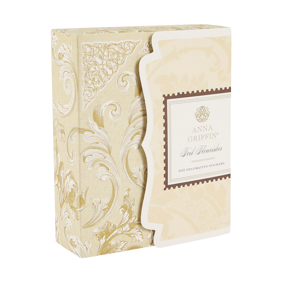 A decorative beige and gold box labeled “Gold Foil Flourish Stickers” containing 100 ornate metallic stickers, featuring elegant patterns—perfect for adding a sophisticated touch to scrapbook embellishments or any craft project.