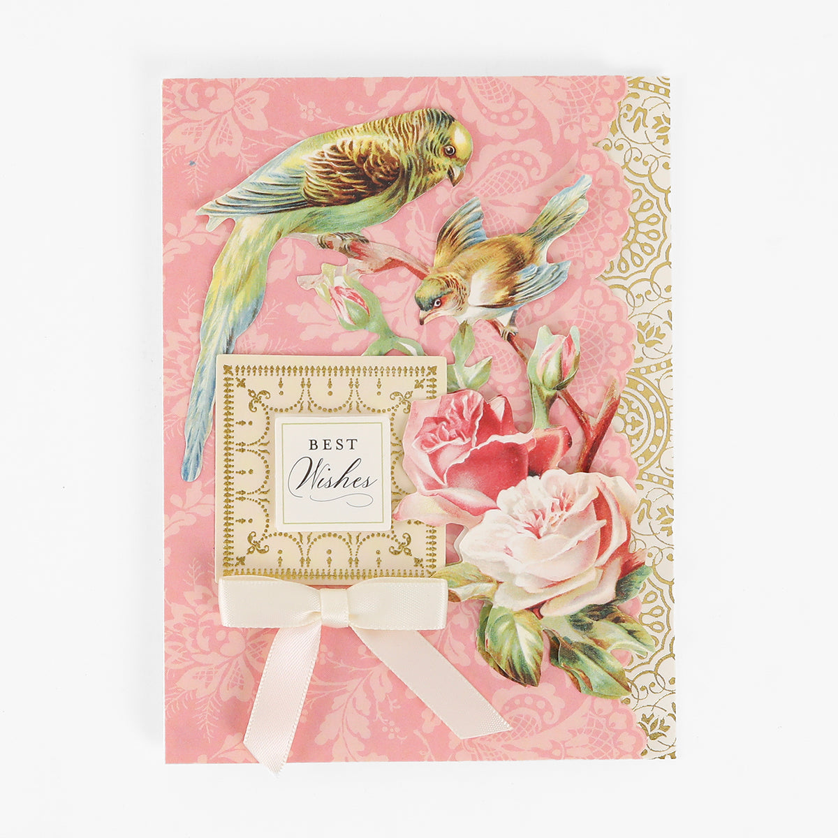 Celebrate any occasion with our Pretty Pattern A2 Cards and Envelopes, featuring a “Best Wishes” sentiment, two charming illustrated birds, pink and white roses, gold decorative details, and a cream ribbon bow set against a pink background. Each handmade card comes with a coordinating ivory envelope for an elegant finishing touch.