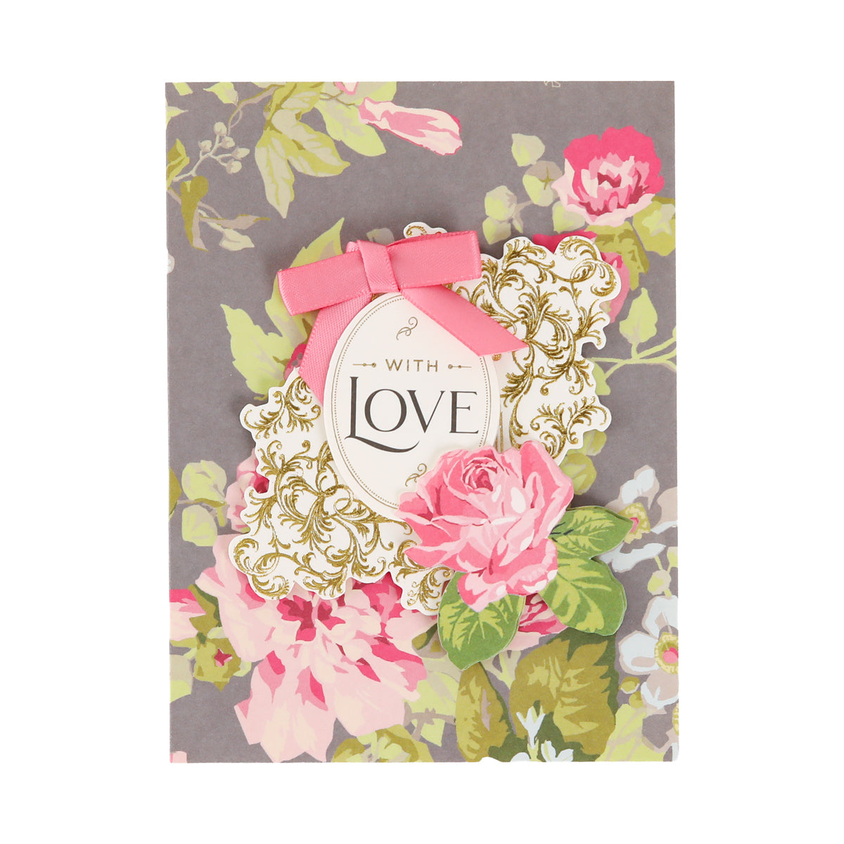 Introducing our Pretty Pattern A2 Cards and Envelopes: This handmade greeting card features a floral pattern, a pink ribbon bow, an ornate gold border, and the words “With Love” at the center. Each card comes with a coordinating ivory envelope for an elegant touch.
