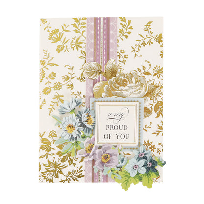 Greeting card featuring gold floral patterns, a pink vertical ribbon, and the message “so very PROUD OF YOU” in the center, surrounded by illustrated flowers and leaves. Part of our Pretty Pattern A2 Cards and Envelopes collection, each design comes with matching ivory envelopes—perfect for sending thoughtful handmade greeting cards to celebrate special moments.