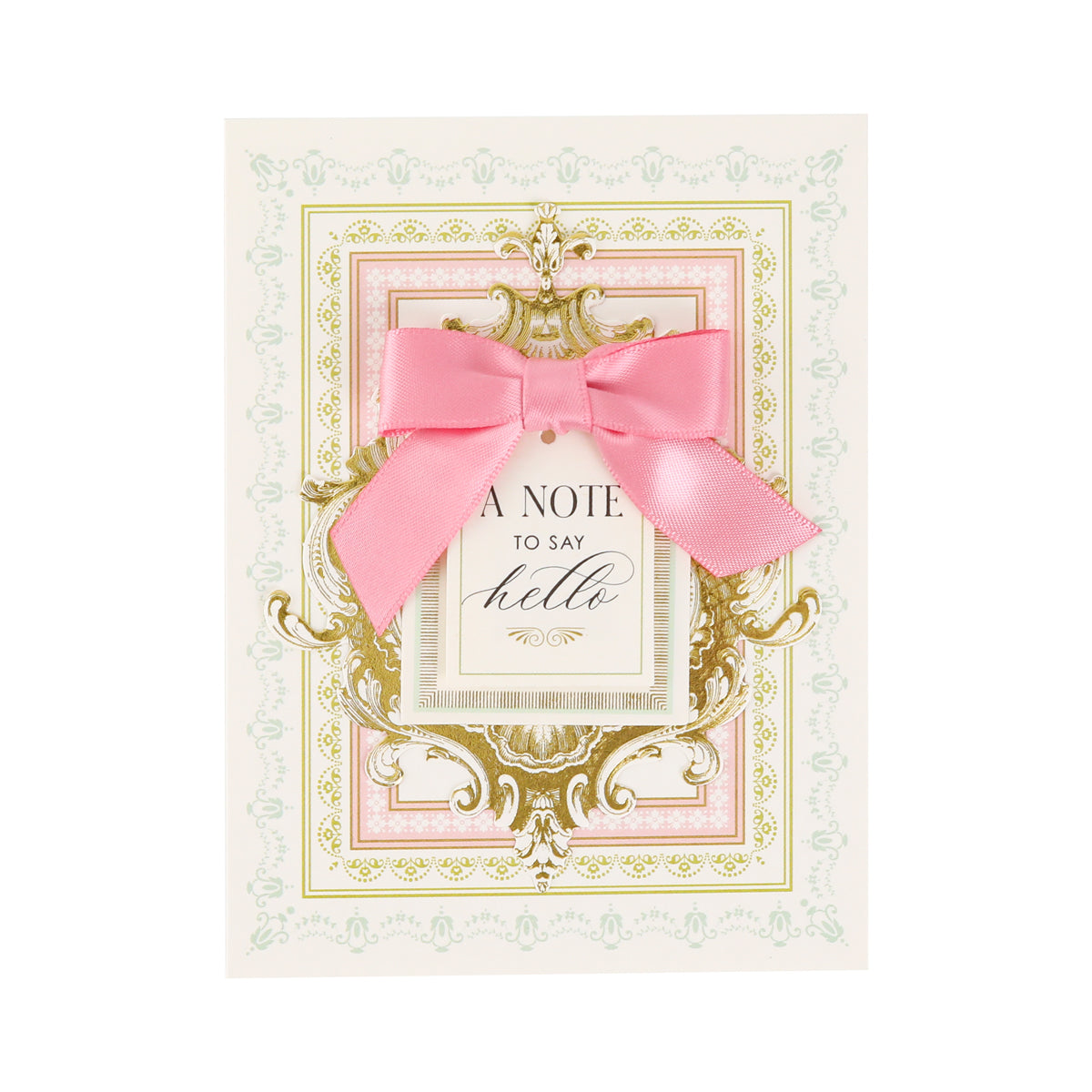 Introducing Pretty Pattern A2 Cards and Envelopes—handmade greeting cards featuring ornate gold and pastel borders, a striking pink ribbon bow, and the message “A Note to Say Hello” elegantly centered on each card. Every Pretty Pattern A2 Card comes paired with an elegant ivory envelope, creating a truly special way to send your warmest greetings.