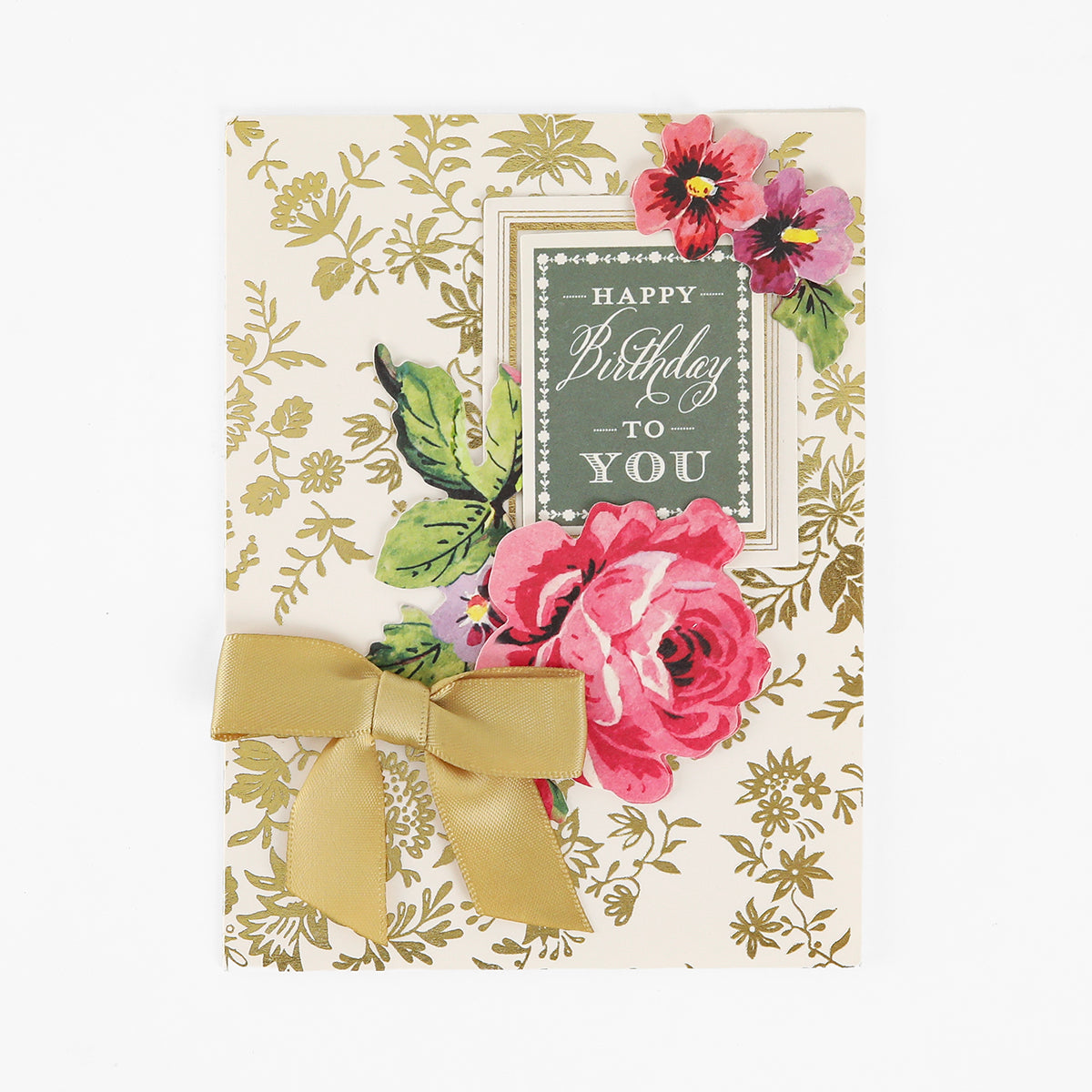 A floral birthday card from the Pretty Pattern A2 Cards and Envelopes collection, featuring pink flowers, gold detailing, a gold ribbon bow, and a “Happy Birthday to You” message in white text on a green background. This elegant handmade design pairs beautifully with ivory envelopes for a charming and delightful greeting card experience.