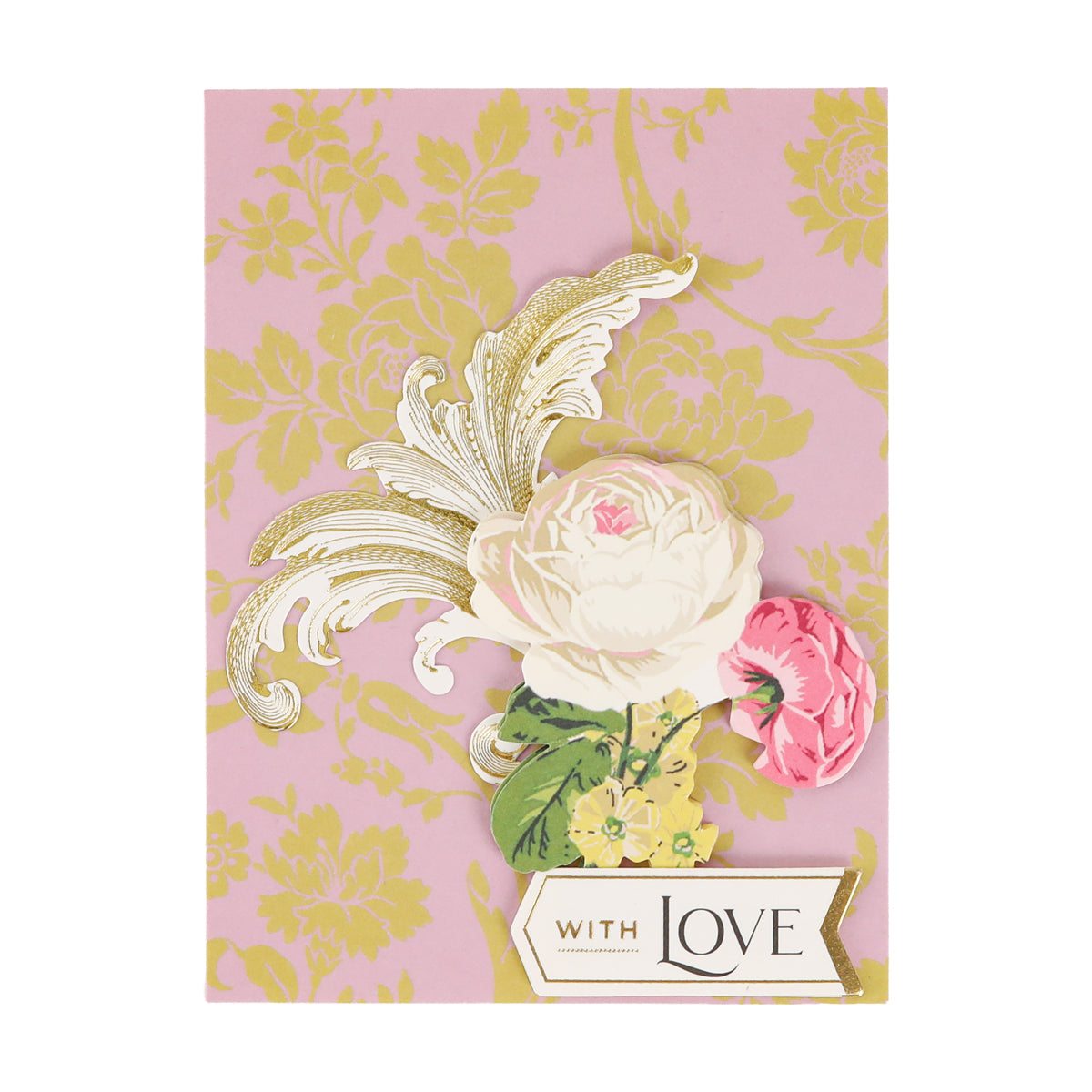 A greeting card featuring gold floral patterns, a white and pink flower illustration, and a “With Love” label at the bottom from our Pretty Pattern A2 Cards and Envelopes collection comes paired with elegant ivory envelopes for a thoughtful presentation.