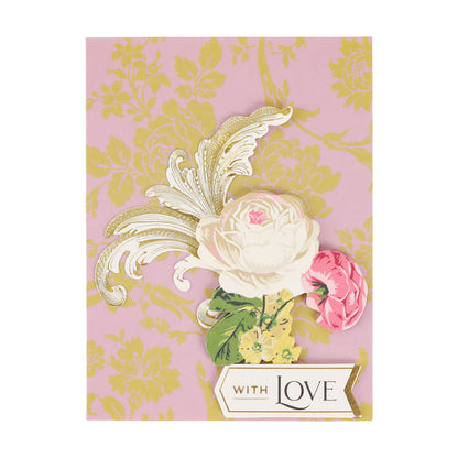 A greeting card featuring gold floral patterns, a white and pink flower illustration, and a “With Love” label at the bottom from our Pretty Pattern A2 Cards and Envelopes collection comes paired with elegant ivory envelopes for a thoughtful presentation.