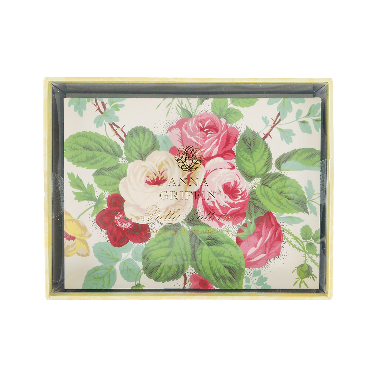 Rectangular box with a floral design featuring pink, red, and white roses and green leaves. The center text reads “Anna Griffin Pretty Papers.” The Pretty Pattern A2 Cards and Envelopes set is perfect for creating handmade greeting cards and includes A2-sized patterned cards with coordinating ivory envelopes.