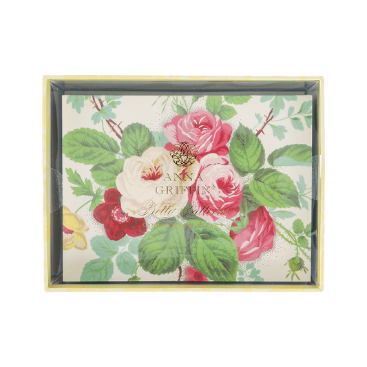 Rectangular box with a floral design featuring pink, red, and white roses and green leaves. The center text reads “Anna Griffin Pretty Papers.” The Pretty Pattern A2 Cards and Envelopes set is perfect for creating handmade greeting cards and includes A2-sized patterned cards with coordinating ivory envelopes.
