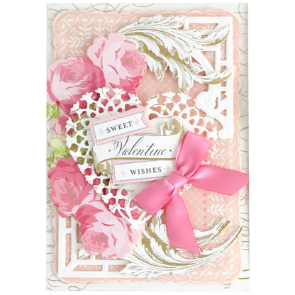 The Valentine Perfect Pattern Cards and Envelopes feature a decorative 5x7 folded card with pink flowers, white and gold accents, a pink bow, and "Sweet Valentine Wishes"—perfect for coordinating with matching sets.