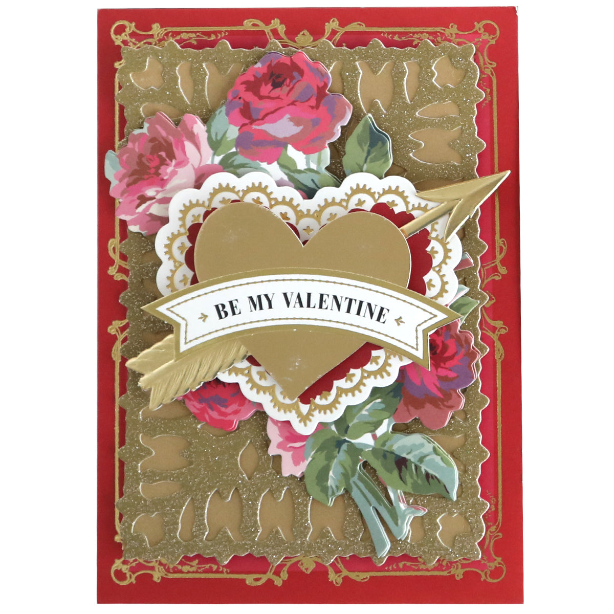 The Valentine Perfect Pattern Cards and Envelopes set includes decorative 5x7 folded cards adorned with gold, red, and pink flowers, a gold heart, and a “Be My Valentine” banner on an ornate red and gold background.