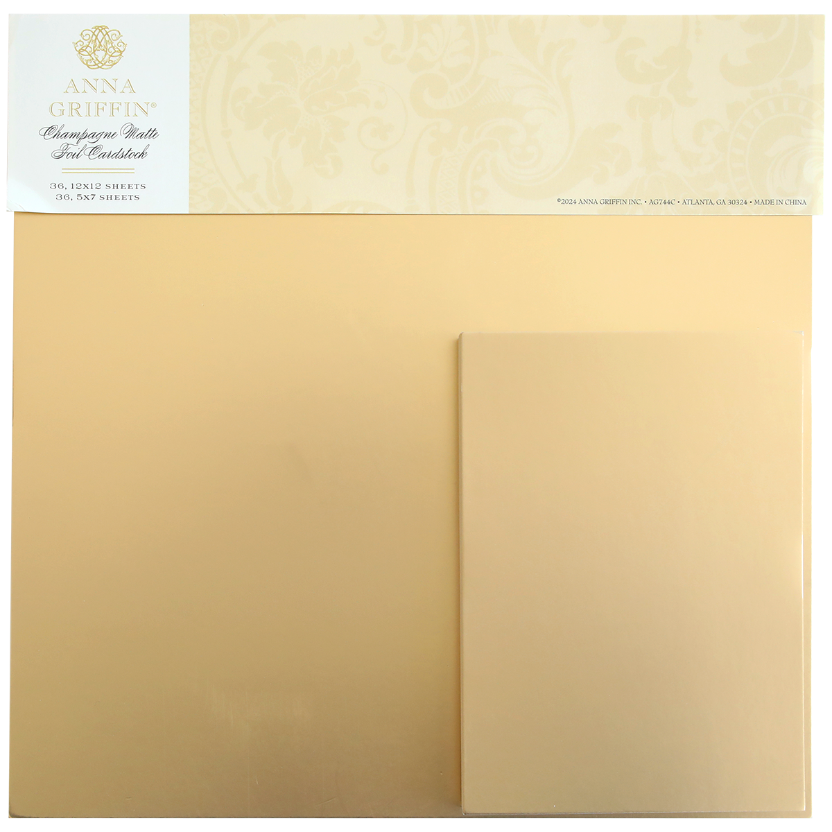 A set of Champagne Matte Foil Cardstock sheets, including two sizes, 5"x7" and 12"x12", in a golden-beige color.