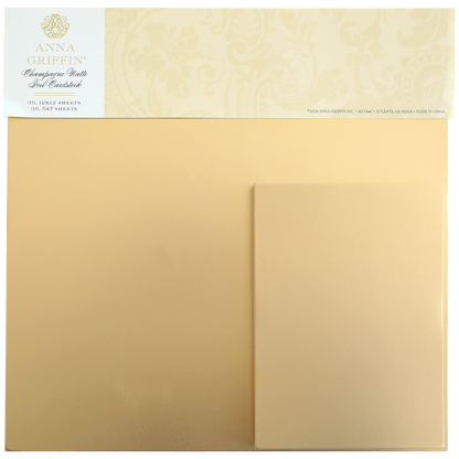 A set of Champagne Matte Foil Cardstock sheets, including two sizes, 5"x7" and 12"x12", in a golden-beige color.