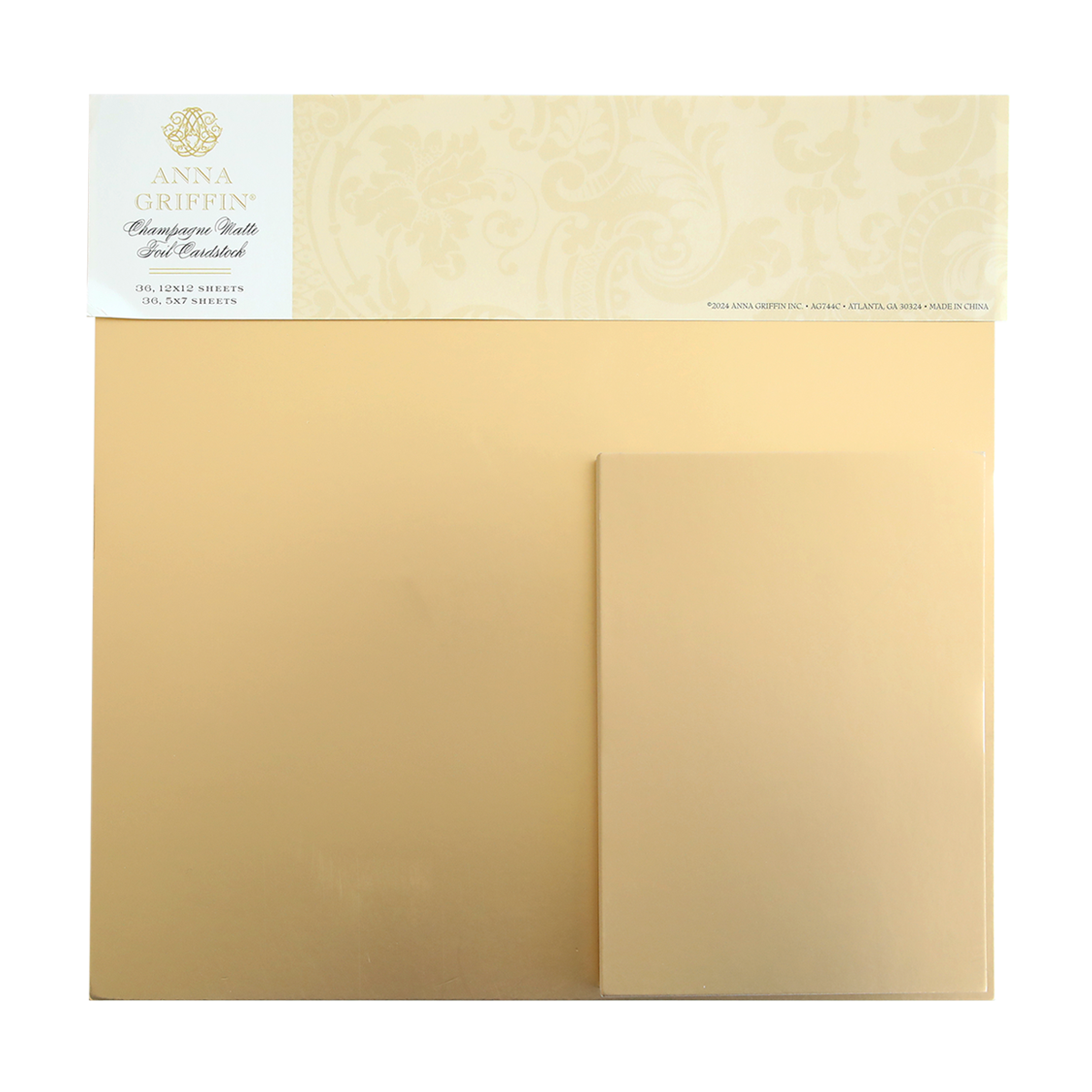 Foil Matte Cardstock - Champagne by Anna Griffin includes embossed metallic gold sheets and envelopes in elegant packaging with a decorative label. Each features luxurious 250gsm cardstock for added elegance.