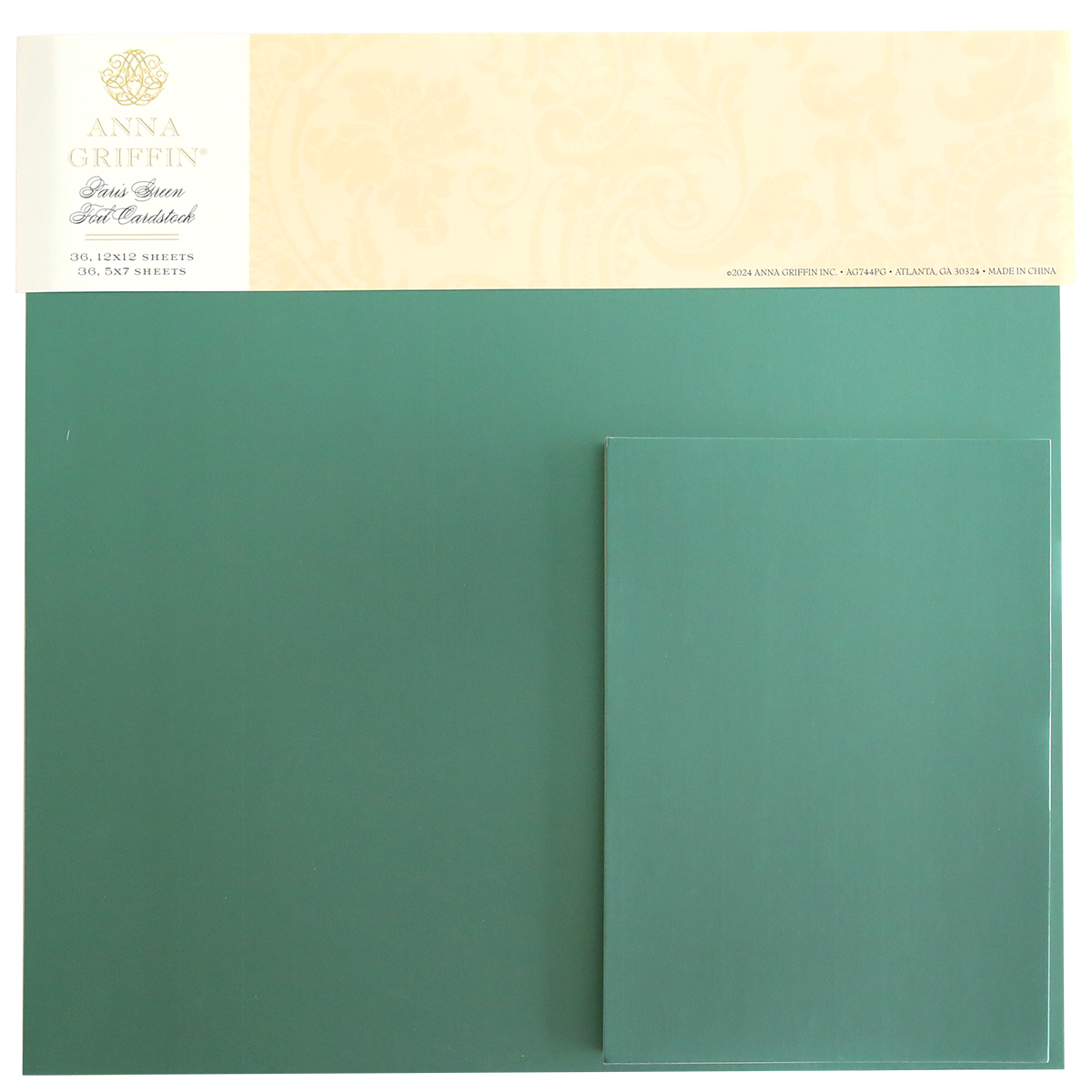 Anna Griffin's Foil Matte Cardstock in Paris Green includes both a larger 12" x 12" sheet and a smaller sheet with a foil matte finish.