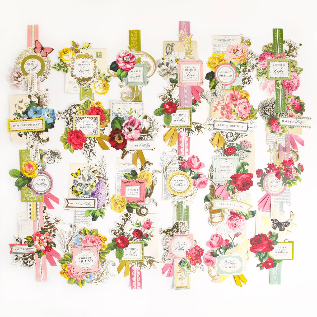 A collection of Birthday Collage Card Toppers with ornate floral designs, vintage collage embellishments, and a variety of messages, along with coordinating tags, arranged neatly in a grid pattern against a white background.