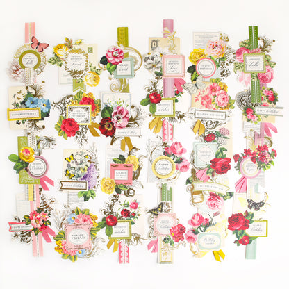 A collection of Birthday Collage Card Toppers with ornate floral designs, vintage collage embellishments, and a variety of messages, along with coordinating tags, arranged neatly in a grid pattern against a white background.