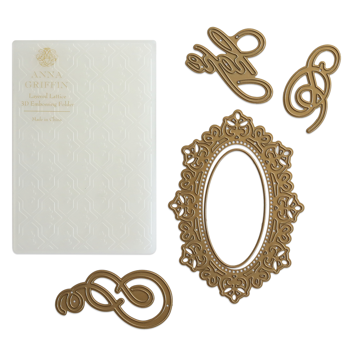 The Mini Lattice 3D Folder and Dies, featuring a 3D embossing folder with intricate swirls and five ornate mini dies including an oval frame, are elegantly displayed on a light surface.