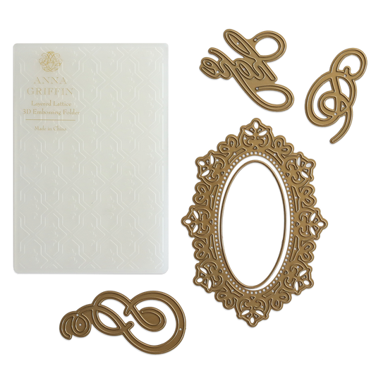 The Mini Lattice 3D Folder and Dies, featuring a 3D embossing folder with intricate swirls and five ornate mini dies including an oval frame, are elegantly displayed on a light surface.