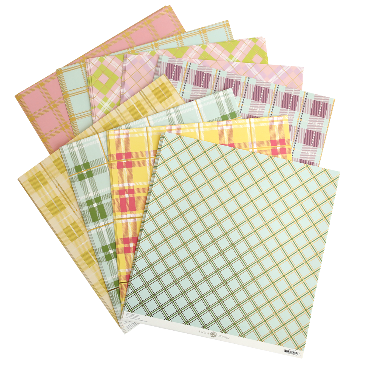 A set of Pastel Plaid 12x12 Cardstock sheets, artfully arranged with some displaying subtle gold foil accents for added elegance.